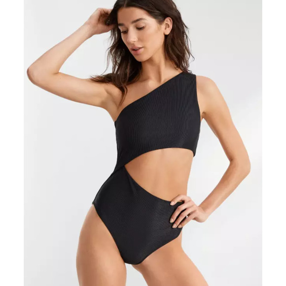 BEACH RIOT Celine Cutout One-Shoulder One-Piece Swimsuit Medium Black NWT - Picture 1 of 12